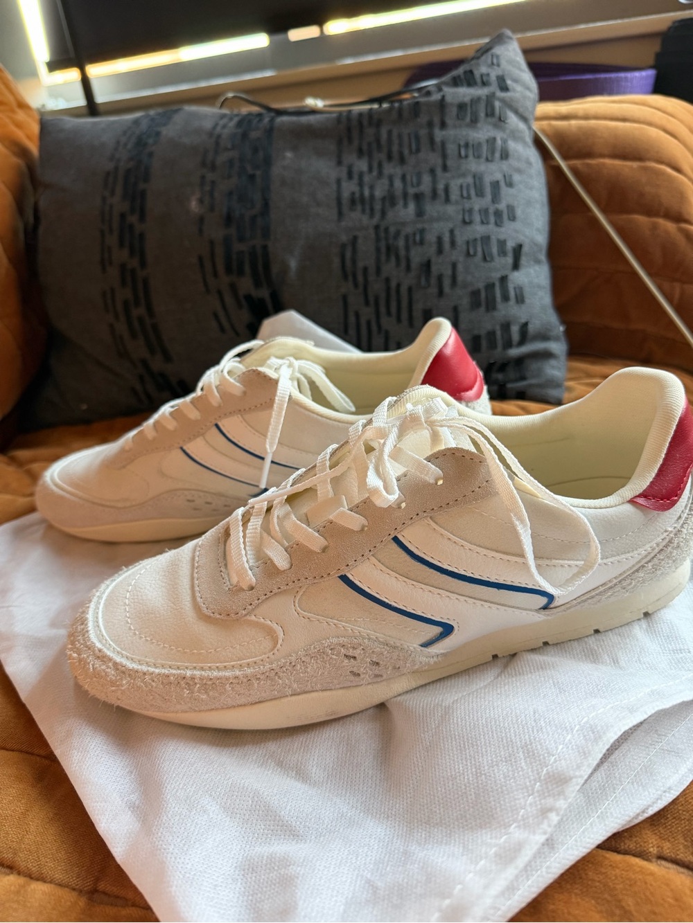Zara Cream White Sneakers with Blue Stripes and Red Heel Tab